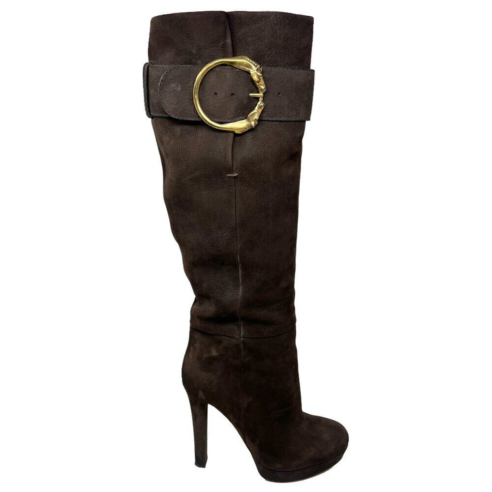 Gucci Brown Suede Tall Boots with Gold Horsebit‎ Hardware Buckle- 39.5 - Picture 3 of 9
